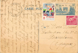 47089. Tarjeta Entero Postal CANNES (Alpes Maritimes) 1940. CENSURA Barcelona, Guerra Civil. Viñeta Pro Tuberculose - Cartes Précurseurs