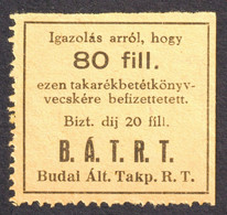 BUDA Bank / Money Savings Stamp Vignette Label Cinderella Revenue Tax 1920's HUNGARY Budai Általános Takarékpénztár - Revenue Stamps