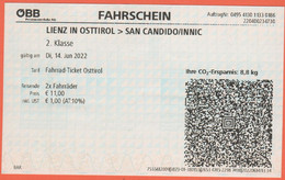 AUSTRIA - ÖSTERREICH - OBB - Lienz In Osttirol-San Candido - Biglietto Supplemento X 2 Bici - Usato - Europa