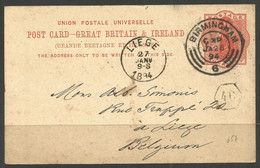 GREAT BRITAIN / BELGIUM. QV. 1894. 1d UPU CARD. BIRMINGHAM POSTMARK & LIEGE ARRIVAL. - Storia Postale