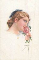 Usabal Signed Glamour Lady Portrait With Rose - Usabal