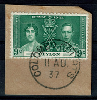 Ref 1569 - 1937 Piece  With 9c Royal Wedding  SG 384 With Colombo Courts Postmark - Ceylon (...-1947)