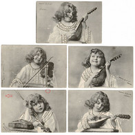 Lot 5 X CPA Fantaisie Enfant Child Kind Girl Fille Jouant La Mandoline Et Le Violon Silverdust Musique Music - Collezioni & Lotti