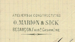1876 De Besançon Doubs  Atelier De Construction Marion & Sick Pour Schneider Industrie Le Creusot Saône Et Loire - 1800 – 1899