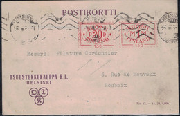 FINLANDE - CARTE POSTALE COMMERCIALE D'HELSINKI LE 29-3-1927 POUR LA FRANCE - OBLITERATION MECANIQUE P20P EN ROUGE - Storia Postale