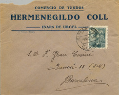 1940  LÉRIDA , SOBRE CIRCULADO ENTRE IBARS DE URGEL Y BARCELONA - Cartas & Documentos