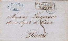 PSC De Köln (Allemagne) Pour Paris (75) - 21 Décembre 1860 - CAD Type 15 + Marque Entrée Prusse 3 Valenciennes 3 - TM 5 - Marques D'entrées