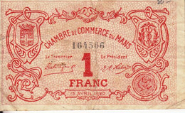 BON - BILLET - MONNAIE - 1 FRANC CHAMBRE DE COMMERCE 1920 DU MANS - SARTHE 72000 -  N° 164566 - Chambre De Commerce