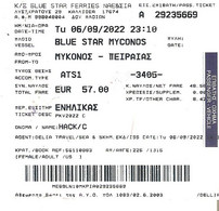 TITRE DE TRANSPORT BATEAU  Blue Star Myconos  Trajet MYCONOS LE PIREE GRECE - Europa
