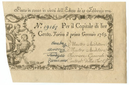 100 LIRE REGIE FINANZE TORINO REGNO DI SARDEGNA 01/01/1765 R. E. 1774 SPL+ - Other & Unclassified