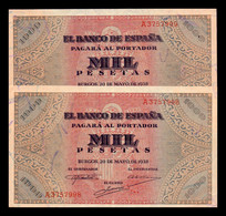 España Spain Pareja Correlativa 1000 Pesetas Burgos 1938 Pick 115 Serie A EBC XF - 1000 Pesetas