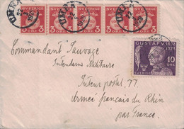 SUEDE - LIMEA - BANDE DE 5 DU N°122 ET 207 - LETTRE POUR LE COMMANDANT SAUVAGE ARMEE FRANCAISE DU RHIN SP77 - 22-3-1928 - Cartas & Documentos