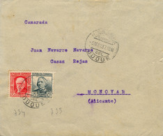 1937 CÓRDOBA , SOBRE CIRCULADO ENTRE HINOJOSA DEL DUQUE Y MONÓVAR , LLEGADA AL DORSO - Storia Postale