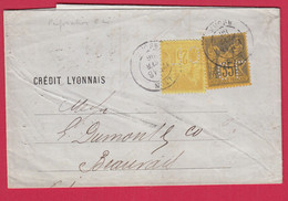 N°92 93 PERFORE CL CREDIT LYONNAIS LYON RHONE 1886 POUR BEAUVAIS OISE LETTRE COVER - Storia Postale