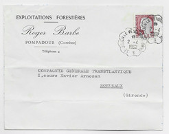 FRANCE N° 1263 LETTRE ENTETE POMPADOUR CORREZE + CONVOYEUR ST JULIEN LE VENDOME A BRIVE 2.4.1962 - Railway Post