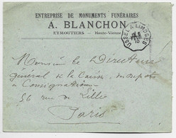 FRANCE LETTRE FRANCHISE ENTETE ENTREPRISE MONUMENTS FUNERAIRES EYMOUTIERS HAUTE VIENNE + CONVOYEUR USSEL 1910 - Railway Post