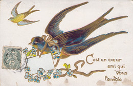 CPA OISEAU - Illustration D'une Hirondelle Apportant Un Message D'un Ami - Fleur Bleue - Relief - Pájaros