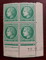 France 1945 Bloc De 4 Timbres  Neuf**  YV N° 675 Type Ceres Coin Daté - Volledige Vellen
