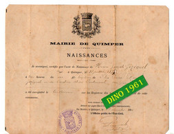 VP20.696 - Mairie De QUIMPER 1893 - Généalogie - Acte De Naissance De Mr Henri - Joseph JEZEQUEL - Naissance & Baptême