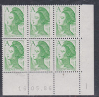 France Type Liberté N° 2423 XX : A Vert En Bloc De 6 Coin Daté Du  16 . 05 . 86, Sans Trait ; Sans Charnière TB - 1980-1989