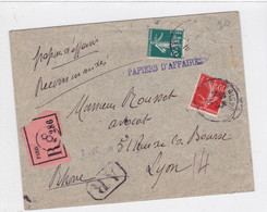 Semeuse 5ct 10ct Papiers D'affaires Recommandé Paris 1910 - Tarifas Postales
