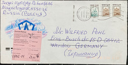 RUSSIA 2002, STATIONERY COVER USED TO GERMANY,RETURN TO SENDER LABEL,RAILWAY, BUILDING, MAGNITOGORSK TOWN CANCEL - Brieven En Documenten