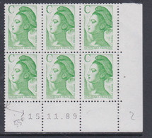 France Type Liberté N° 2615 XX : C Vert En Bloc De 6 Coin Daté Du  15 . 11 . 89,  Sans Barre ; Sans Charnière TB - 1980-1989