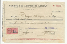 Perforé AL Sur Document Fiscal Aciéries De LONGWY - Lettres & Documents