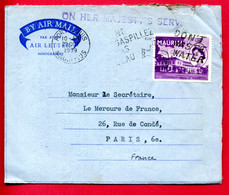 1959 -Lettre De Port Louis Pour Paris -Cachet Linéaire ON HER MAJESTY'S SERVICE -Tp Yt N° 249 (angle Droit Haut Déchiré) - Mauricio (...-1967)