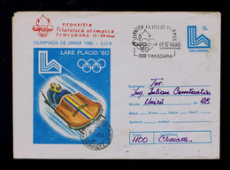 Gc7106 ROMANIA Winter Sports LAKE PLACID'80  Mailed 1980 Timisoara »Craiova /with Slogan Pmk Archaeologic Museum ?????? - Skateboard