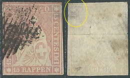 1854-62 SVIZZERA USATO ALLEGORIA SEDUTA 15 R FILO VERDE UNIF. 28 DIFETTOSO RF1-7 - Gebraucht