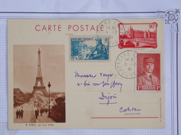 BG7 FRANCE BELLE CARTE ENTIER RR 1941++PARIS LA TOUR EIFFEL A DIJON +AFFRANCH. PLAISANT - Andere & Zonder Classificatie