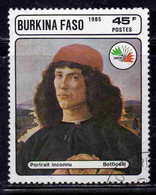BURKINA FASO 1985 PHILATELIC EXHIBITION ITALIA 85 PAINTINGS BY BOTTICELLI PORTRAIT OF A MAN 45fr USATO USED OBLITERE' - Burkina Faso (1984-...)