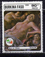 BURKINA FASO 1985 PHILATELIC EXHIBITION ITALIA 85 PAINTINGS BY BOTTICELLI MARS AND VENUS 90fr USATO USED OBLITERE' - Burkina Faso (1984-...)