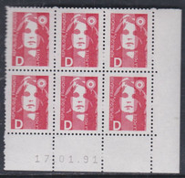 France N° 2712 XX Marianne De Briat  D Rouge En Bloc De 6 Coin Daté Du 17 - 01 - 91 ;  Sans Charnière TB - 1990-1999