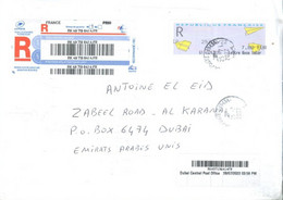 FRANCE. - 2022 - REGISTERED STAMPED LABEL COVER FROM LES  VALANCE TO DUBAI. - Brieven En Documenten