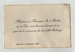 VP20.714 - BUCAREST 1921 - Faire - Part De Naissance De Melle S. D'HERBEZ De LA TOUR Future Grande Architecte à PARIS - Geboorte & Doop