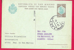 SAN MARINO - CARTOLINA POSTALE LIRE 30 (DOMANDA) CON REPIQUAGE (INT. 32A/D) *19.7.67* PER TOLMEZZO - Interi Postali