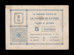 España Billete Local Guerra Civil La Puebla De Castro Huesca 5 Céntimos 1937 MBC VF - Other & Unclassified