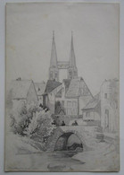 Dessin Au Crayon Vue Sur Eglise Pont Maisons Anciennes  Non Localisées Signés Posth Datés Bischwiller 1865 - Dessins