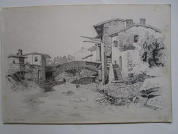 Dessin Crayon Groupe De Maisons  Pont  Non Localisées Architecture Mediterraneenne Signés Posth Datés Bischwiller 1867 - Dessins