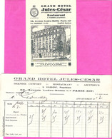 Paris Grand Hotel Jules César Carton Touristique 2 Volets Et Facture Récapitulative Mensuelle 1931 - 1900 – 1949