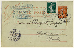 FRANCE - 1908 CP 10c Semeuse Avec Levée Exceptionnelle  5c Vert Obl. PARIS-116 / R.REAUMUR - Cartes Postales Types Et TSC (avant 1995)