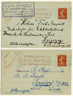 FRANCE - 1911/12 2xCP 10c Semeuse (datées 104 & 127) Adressées En Allemagne - Postales Tipos Y (antes De 1995)