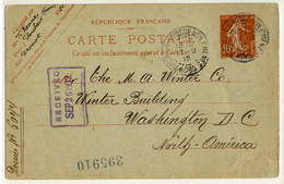 FRANCE - 1912 CP 10c Semeuse De ROUBAIX-FOSSE-AUX-CHÊNES, NORD Pour Washington DC, USA - Standard- Und TSC-AK (vor 1995)