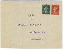 FRANCE - 1918 Cachet De Fortune "Bloc Dateur" (Chantilly ?) Sur LSC Pour Courbevoie Affr. 5c+10c Semeuses - WW I