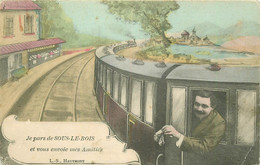 (XX) Carte Montage Gare Train Locomotive Voyageuse Voyageur. J'arrive Ou Pars SOUS-LE-BOIS 59 (pli Coin Droit)... - Maubeuge