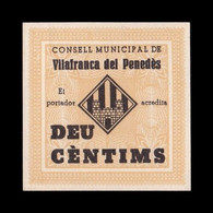 España Billete Local Guerra Civil Vilafranca Del Penedès BCN 10 Céntimos 1937 SC- AUNC - Autres & Non Classés