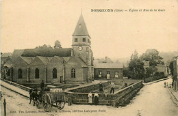 Songeons * église Et Rue De La Gare * Attelage Livreur De Lait Laitier - Songeons