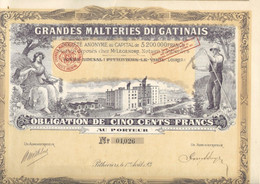 GRANDES MALTERIES DU GATINAIS- OBLIGATION  ILLUSTREE DE 500 FRS -ANNEE 1921 - Agricoltura